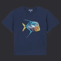 Shop Vilebrequin Boys Organic Cotton T-Shirt Piranhas Navy/Blue