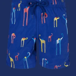 Best Vilebrequin Boys Swim Trunks Embroidered Giaco Elephant Batik Blue/Blue
