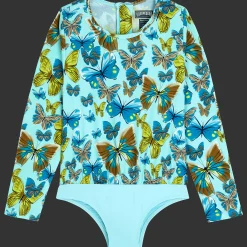 Fashion Vilebrequin Girls One-Piece Zipped Rashguard Butterflies Lagoon/Blue