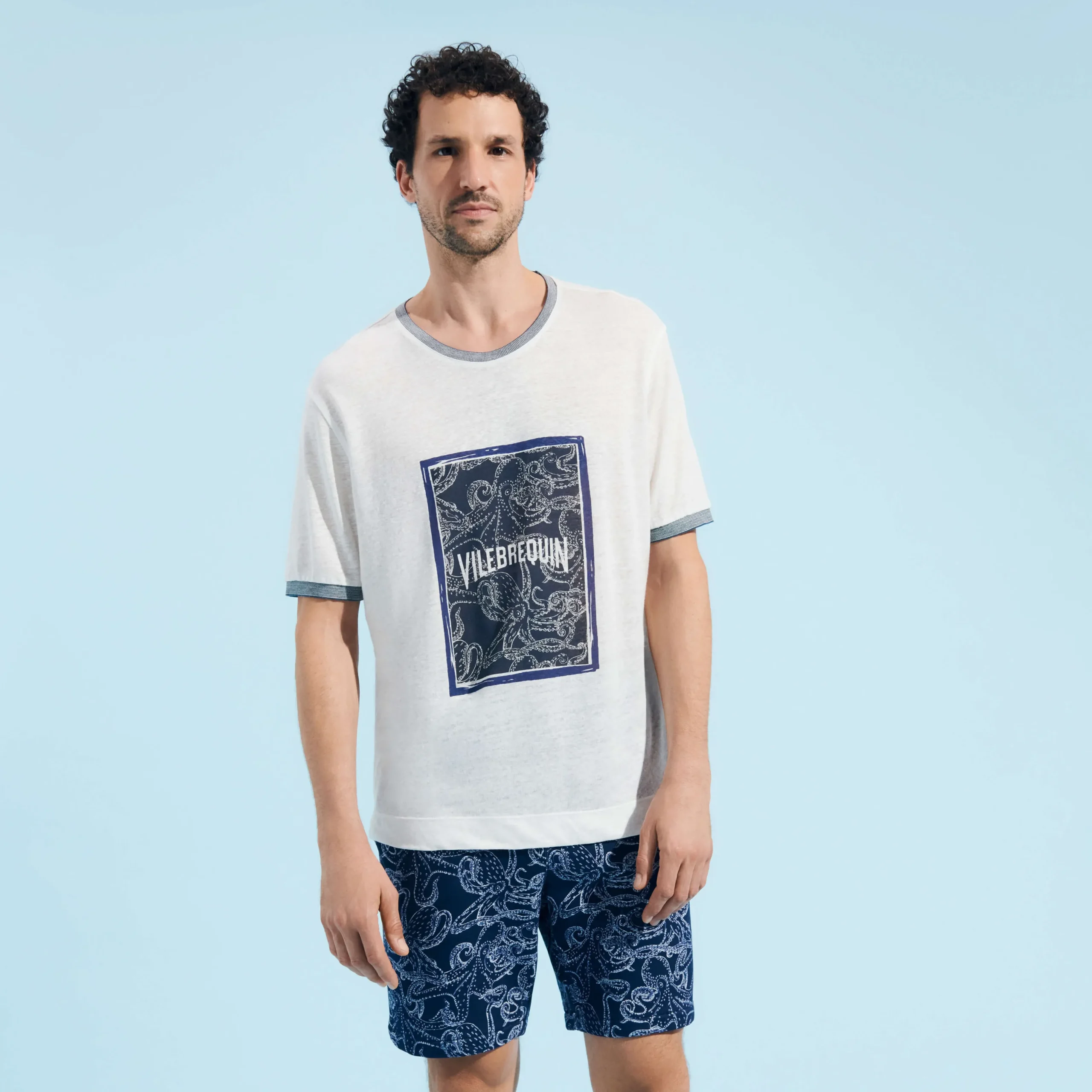 Outlet Vilebrequin Linen Men T-Shirt Poulpes Bicolores Off White/White