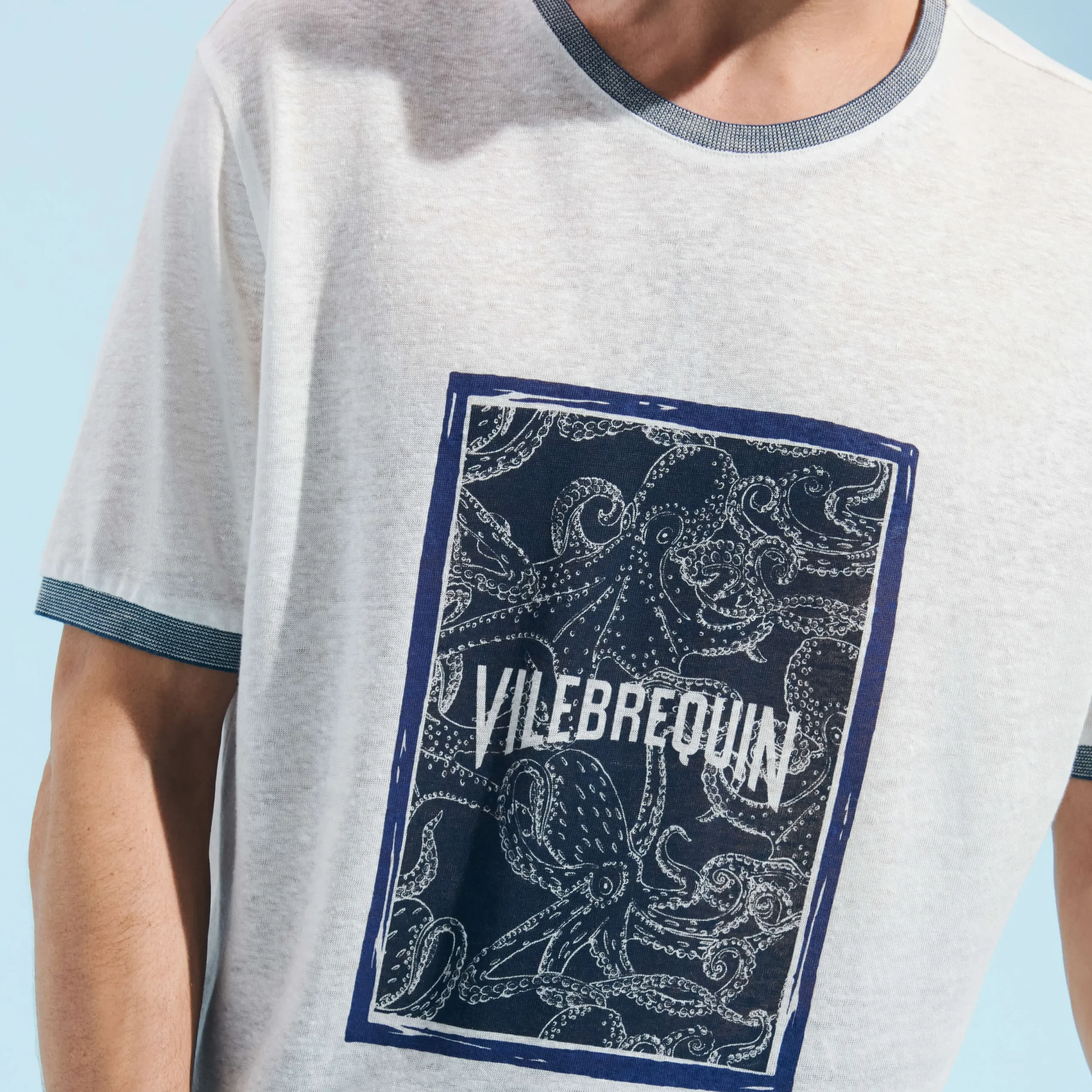 Outlet Vilebrequin Linen Men T-Shirt Poulpes Bicolores Off White/White