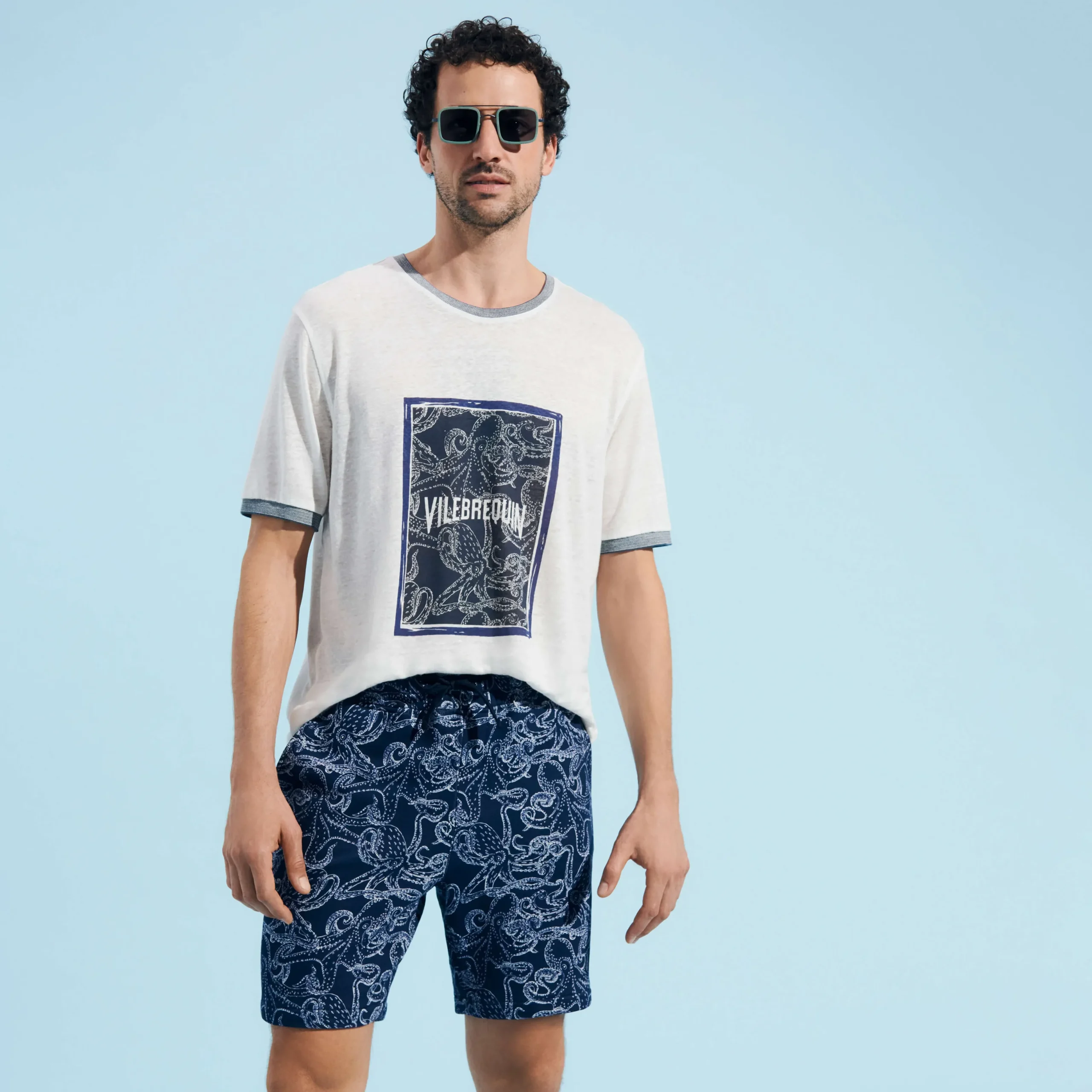 Outlet Vilebrequin Linen Men T-Shirt Poulpes Bicolores Off White/White