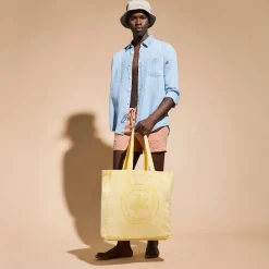 Store Vilebrequin Linen Turtle Unisex Tote Bag Mineral Dye Genet/Yellow