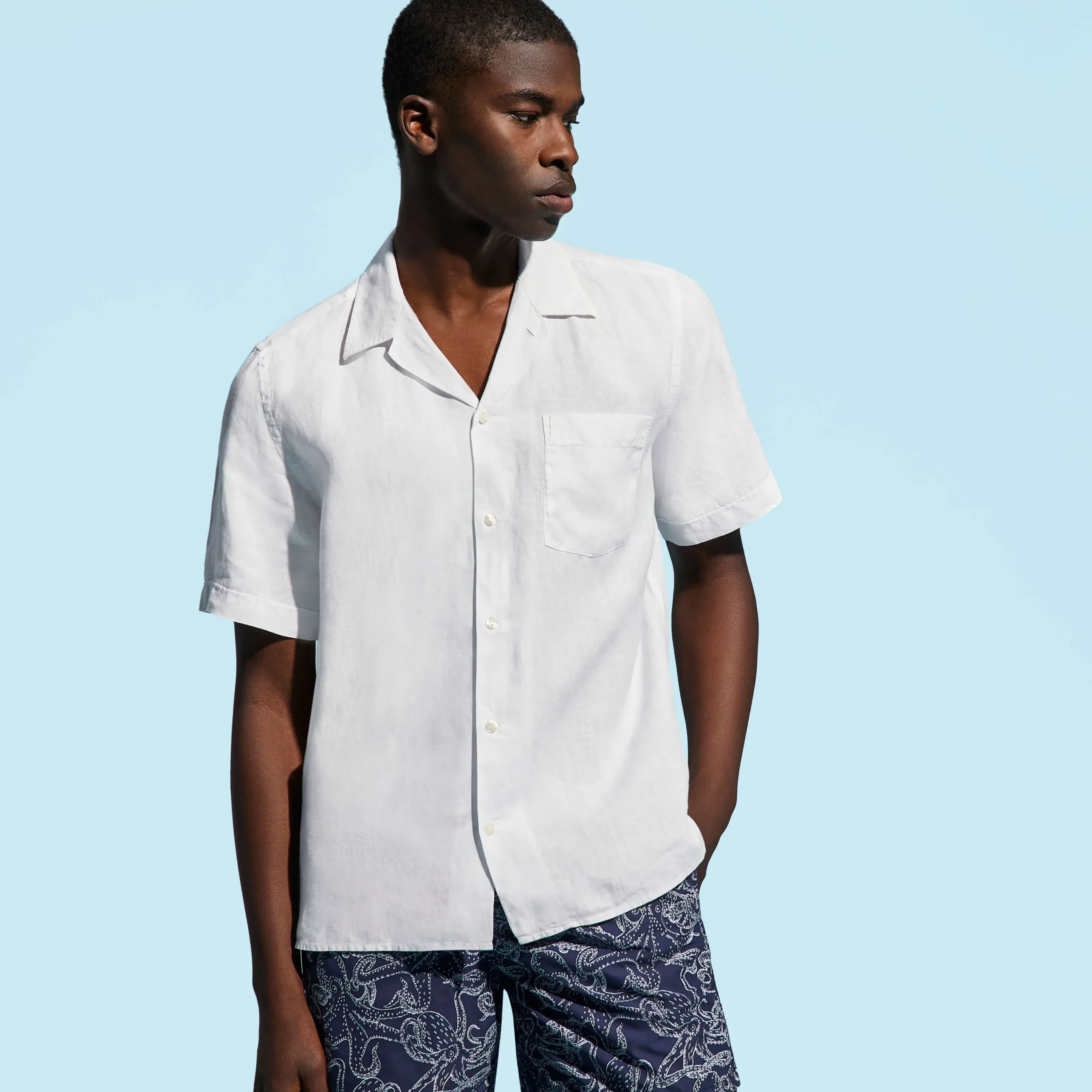 Hot Vilebrequin Men Bowling Shirt Linen Solid White/White