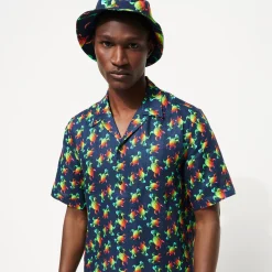 Clearance Vilebrequin Men Bowling Shirt Linen Tortues Rainbow Multicolor - X Kenny Scharf Navy/Blue