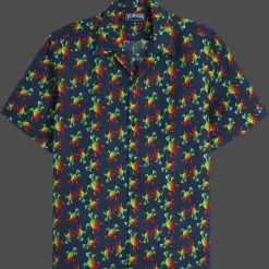 Clearance Vilebrequin Men Bowling Shirt Linen Tortues Rainbow Multicolor - X Kenny Scharf Navy/Blue