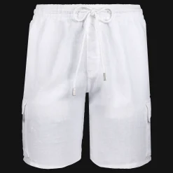 Fashion Vilebrequin Men Cargo Linen Bermuda Shorts Solid White/White