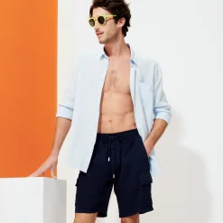 Store Vilebrequin Men Cargo Linen Bermuda Shorts Solid Navy/Blue
