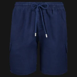 Store Vilebrequin Men Cargo Linen Bermuda Shorts Solid Navy/Blue