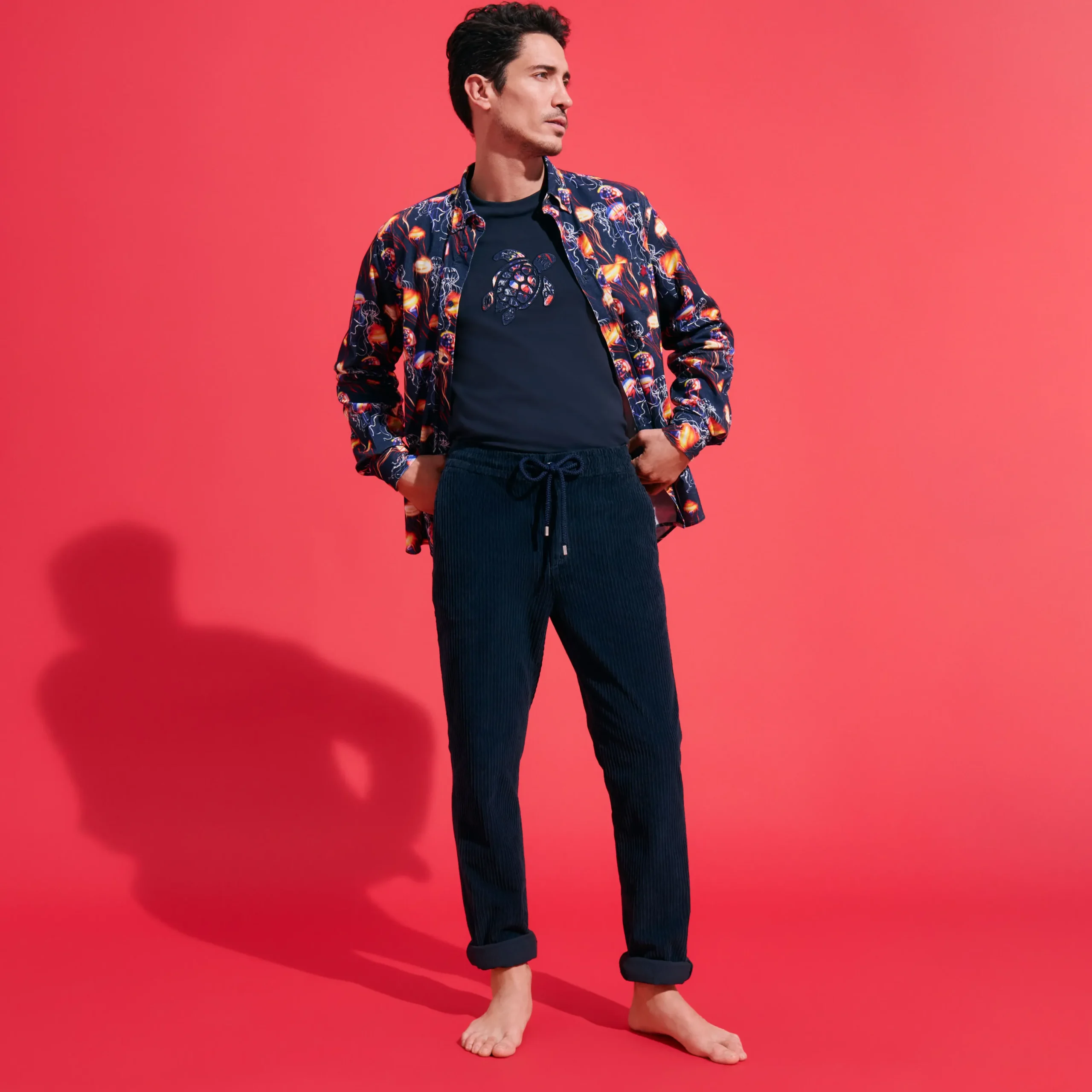 Fashion Vilebrequin Men Corduroy Large Lines Jogging Pants Solid Navy/Blue