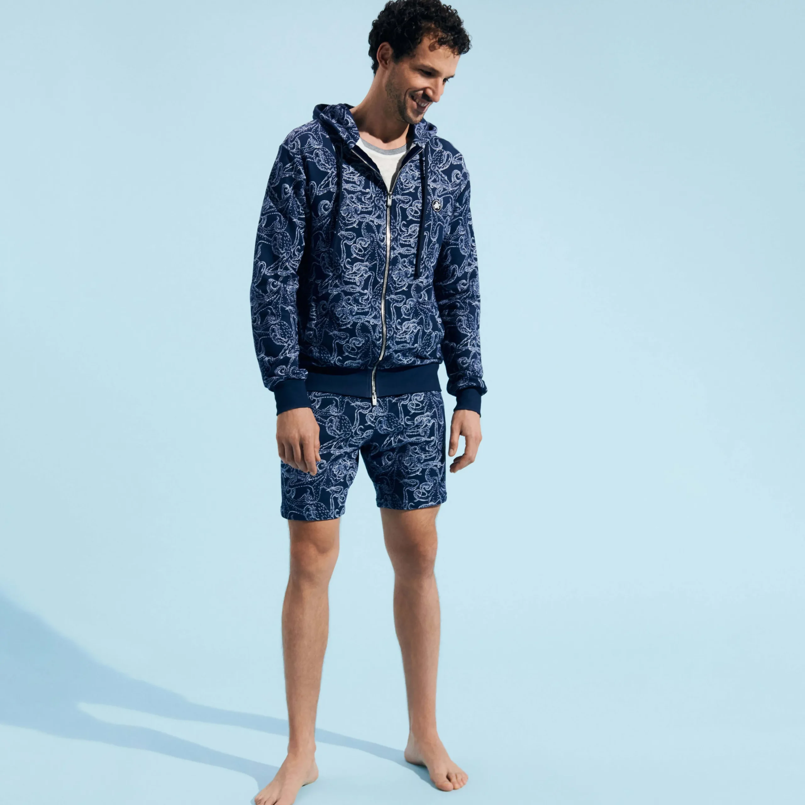New Vilebrequin Men Cotton Bermuda Trunks Poulpes Bicolores Navy/Blue