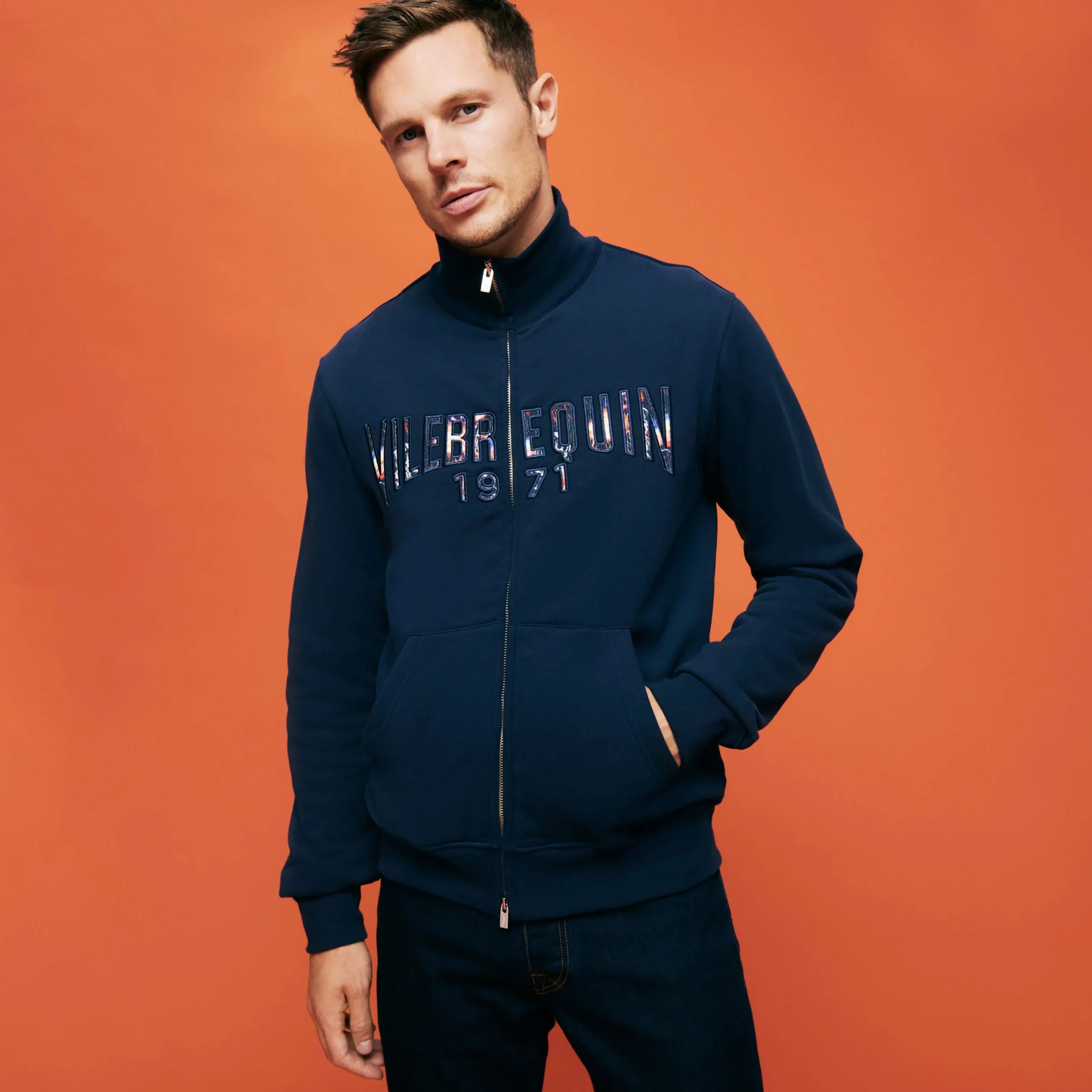 Store Vilebrequin Men Cotton Front Zip Sweatshirt Neo Medusa Brode Navy/Blue