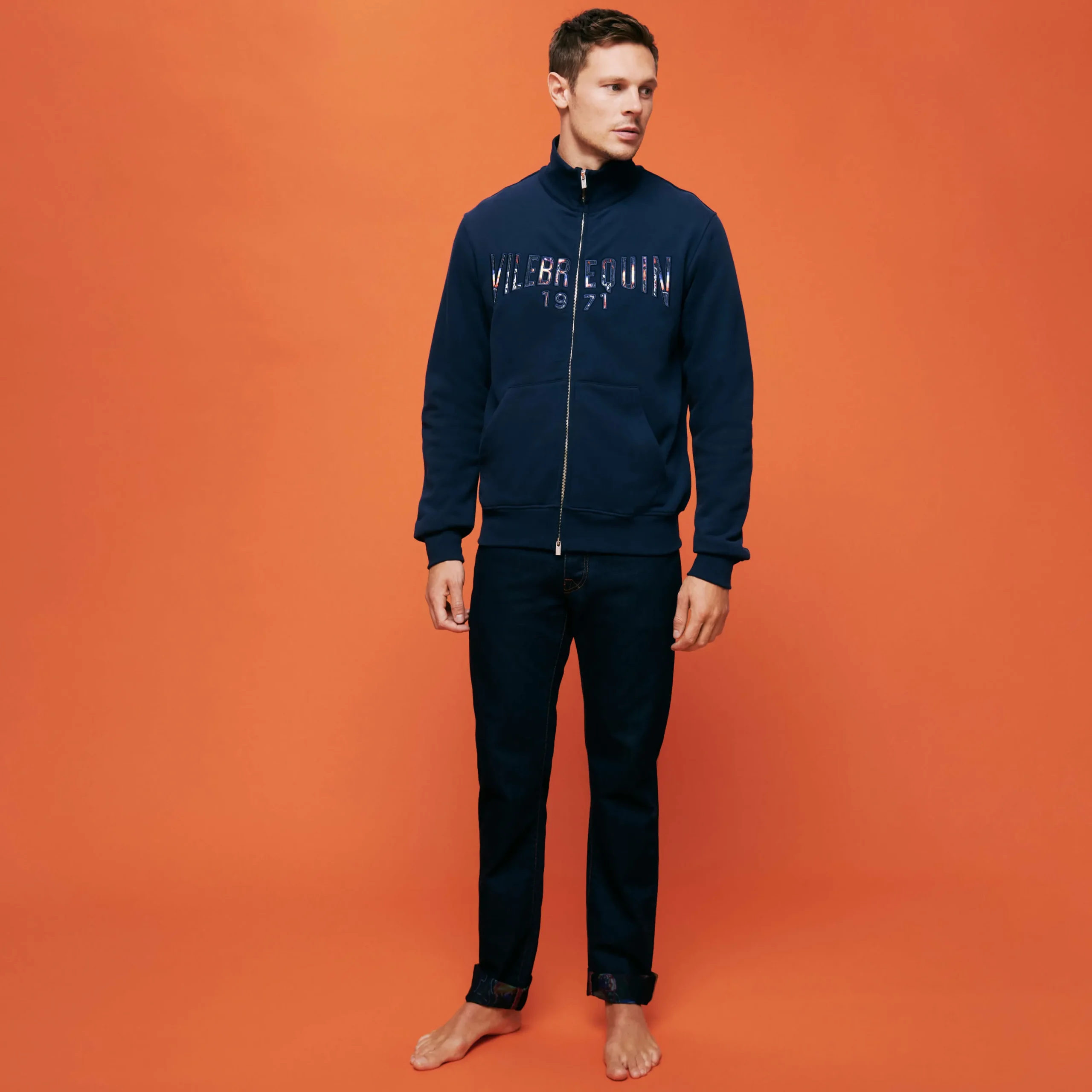 Store Vilebrequin Men Cotton Front Zip Sweatshirt Neo Medusa Brode Navy/Blue