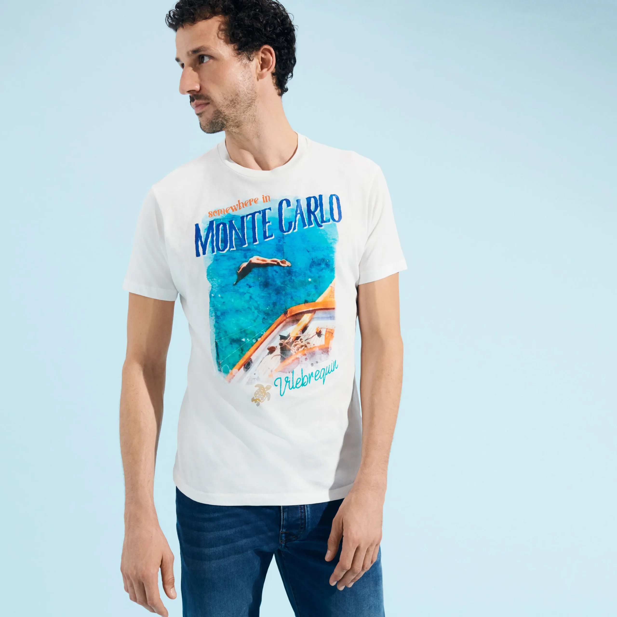 Best Vilebrequin Men Cotton T-Shirt Monte Carlo Off White/White