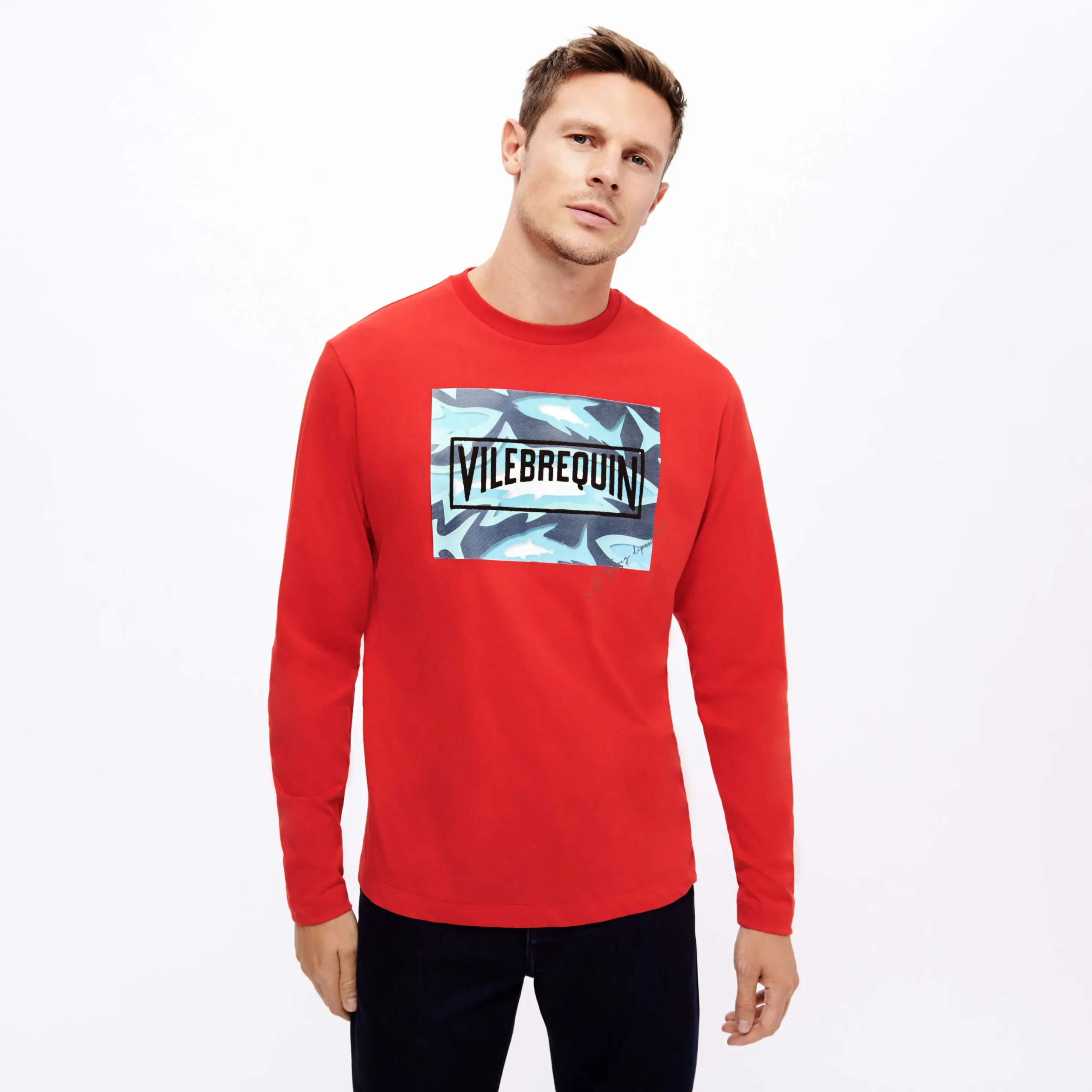 Online Vilebrequin Men Cotton T-Shirt Requins 3D Burgundy/Red