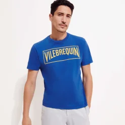 Hot Vilebrequin Men Cotton T-Shirt Logo Flocked Sea Blue/Blue
