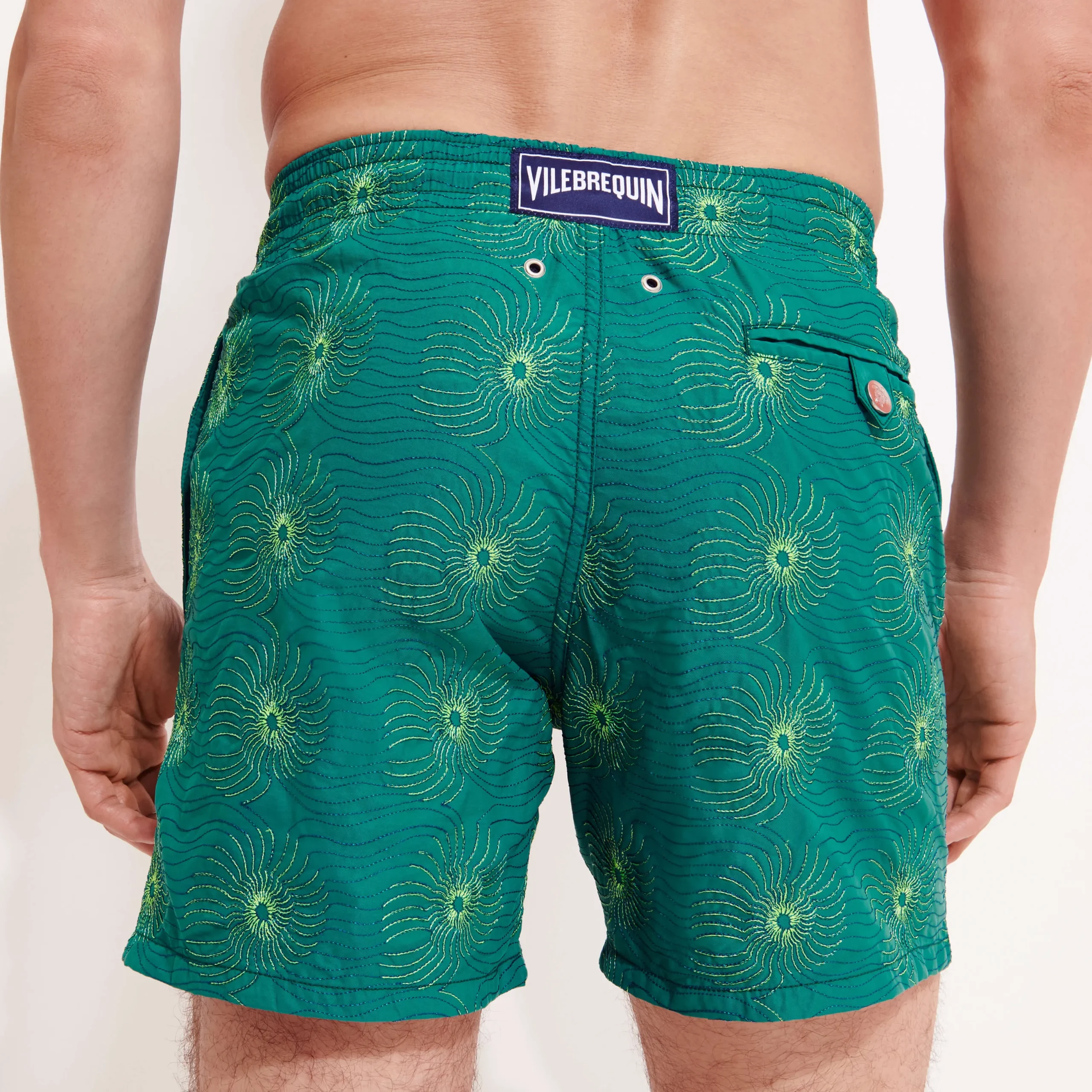 Discount Vilebrequin Men Embroidered Swim Trunks Hypno Shell - Limited Edition Linden/Green