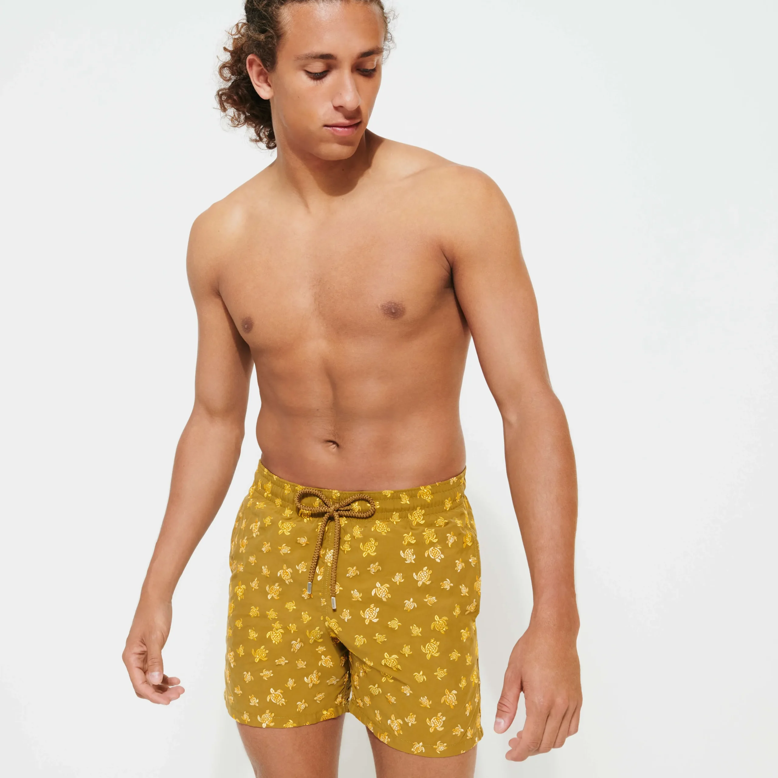 New Vilebrequin Men Embroidered Swim Trunks Micro Ronde Des Tortues - Limited Edition Bark/Beige