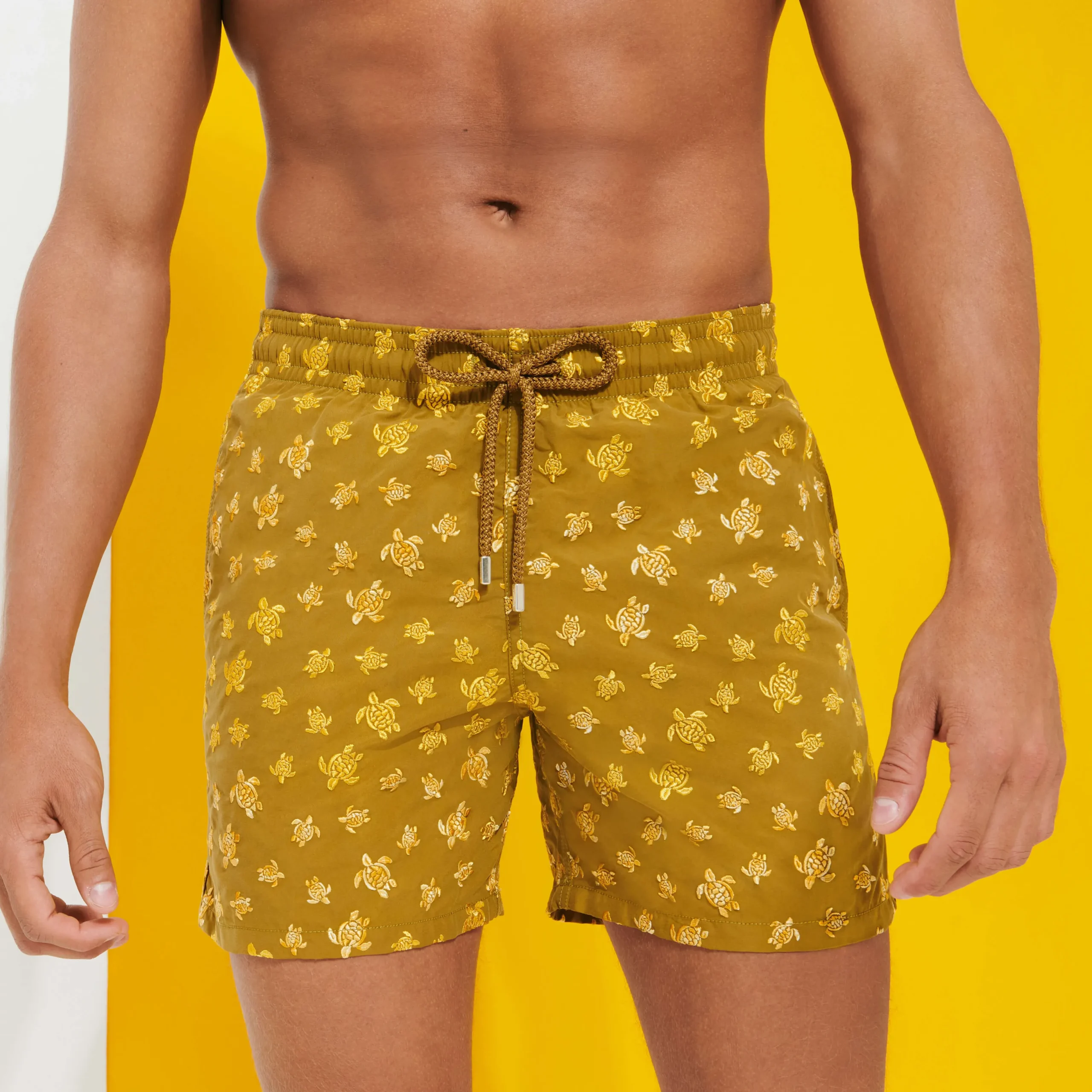 New Vilebrequin Men Embroidered Swim Trunks Micro Ronde Des Tortues - Limited Edition Bark/Beige