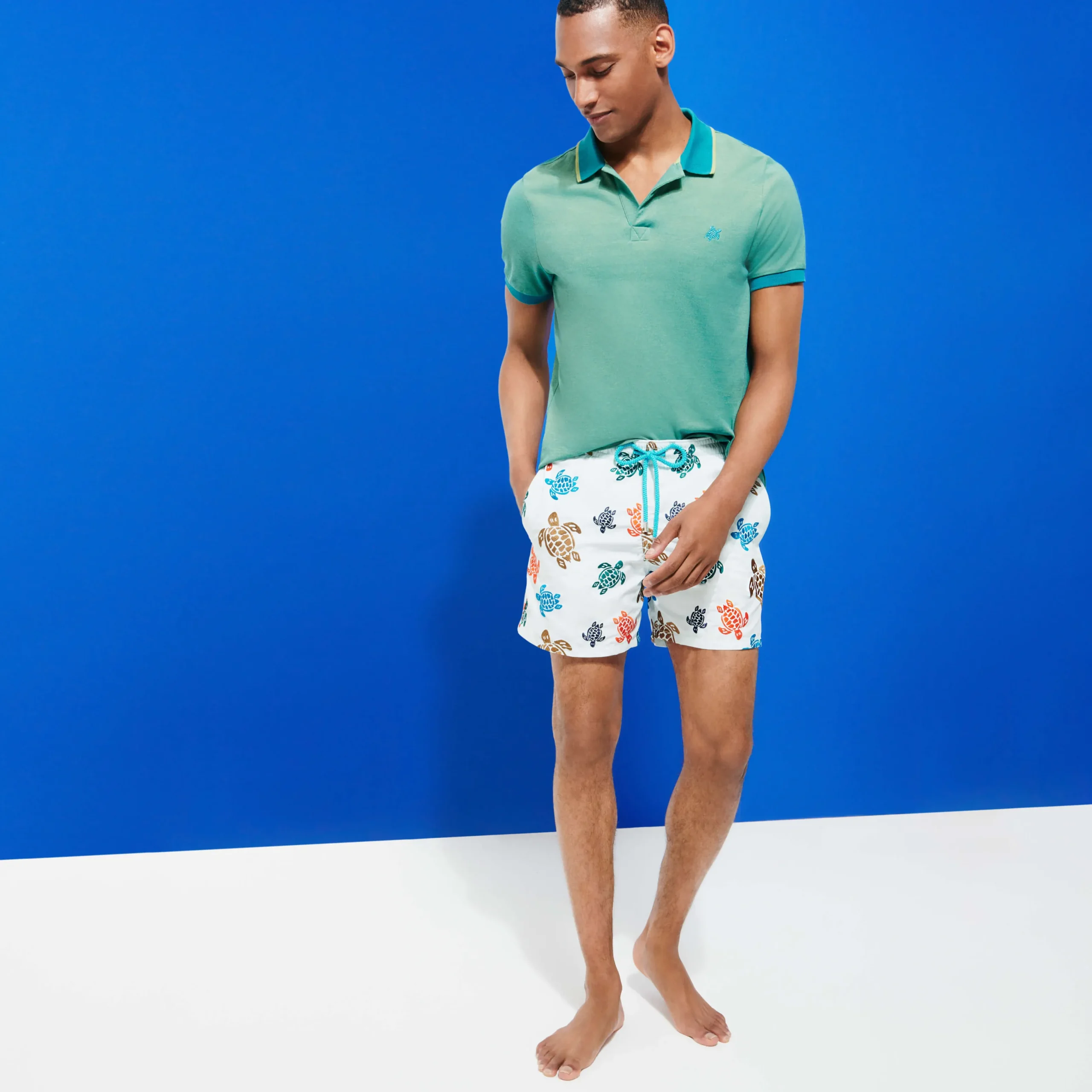 New Vilebrequin Men Embroidered Swim Trunks Ronde Des Tortues - Limited Edition Glacier/Blue