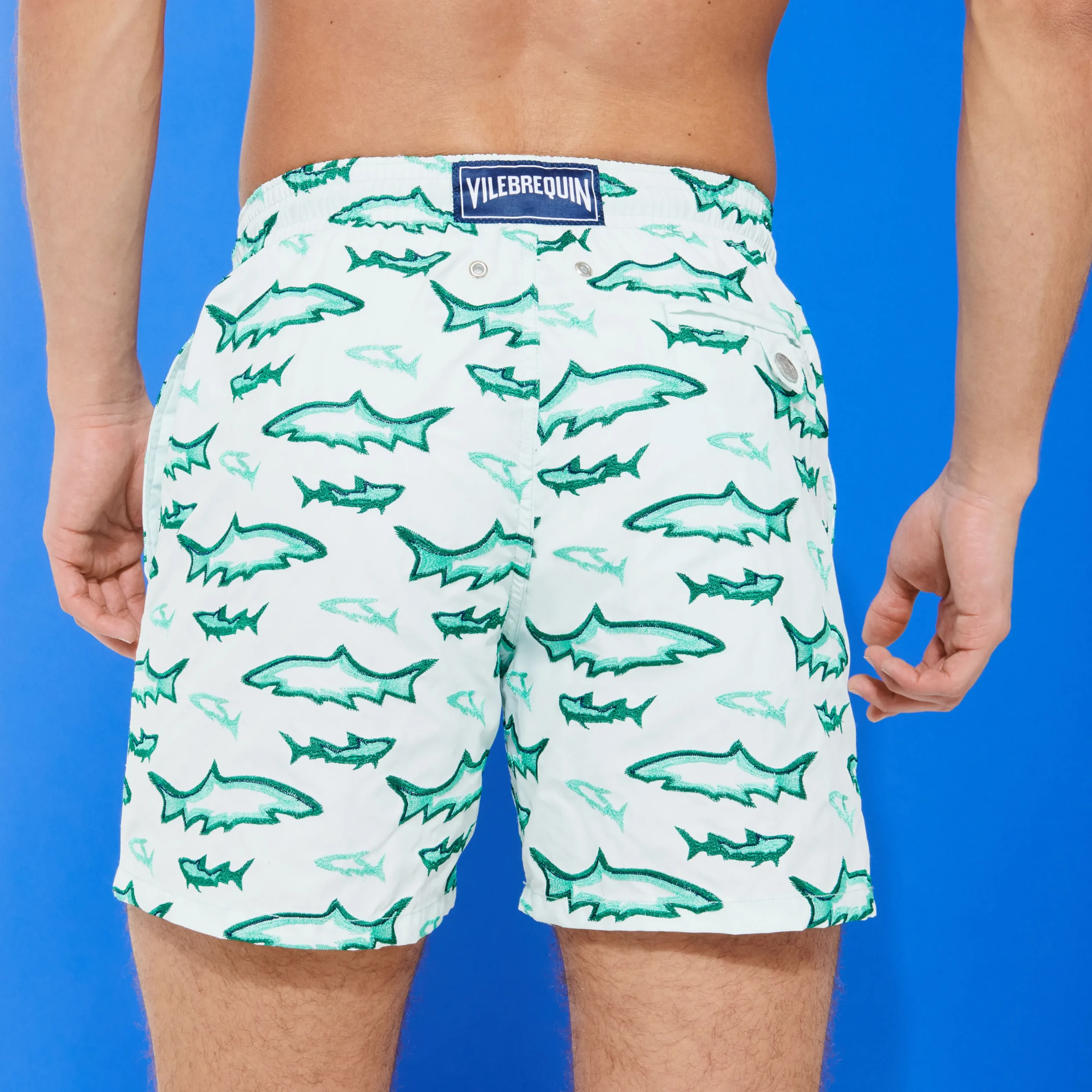 New Vilebrequin Men Embroidered Swim Trunks Requins 3D - Limited Edition Glacier/Blue