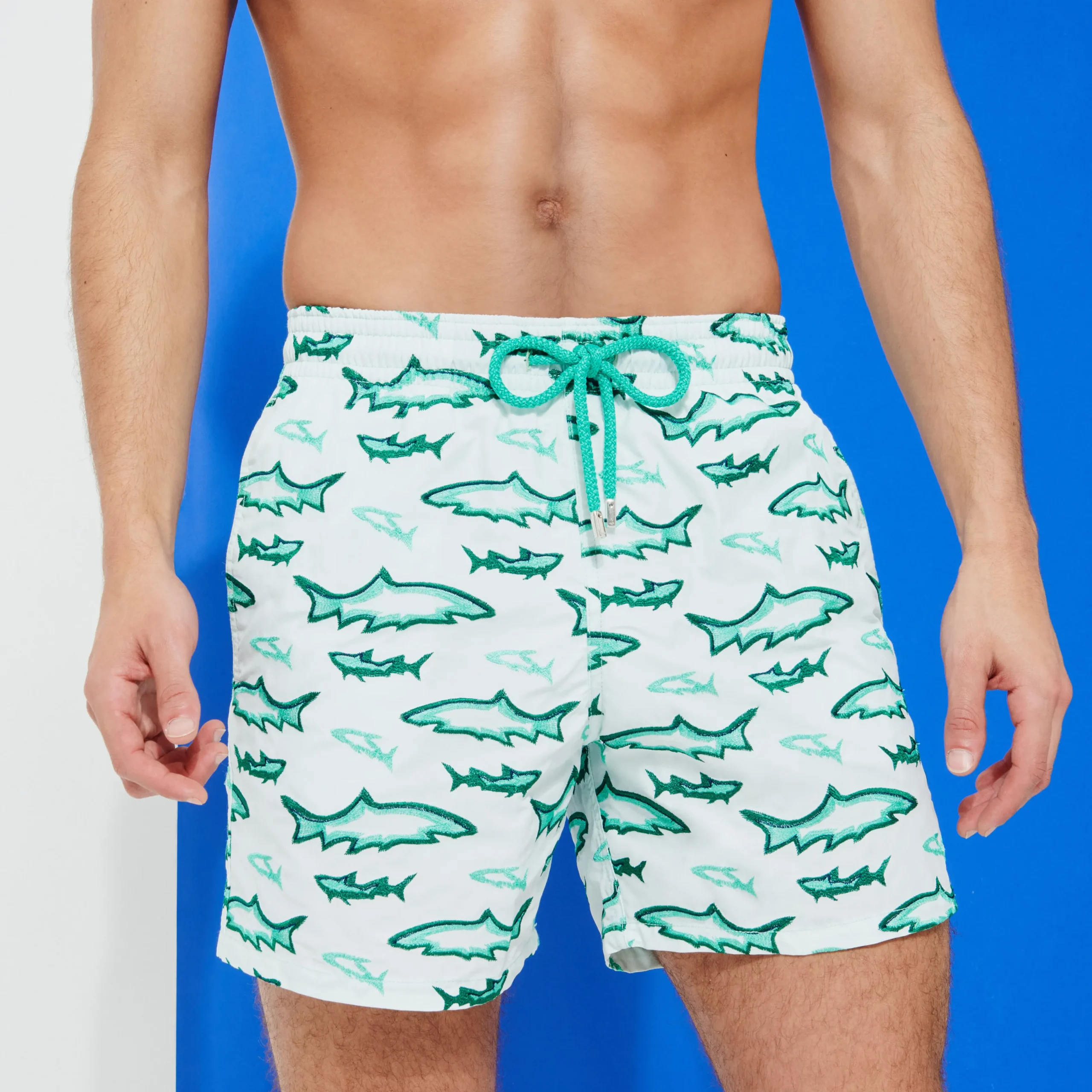 New Vilebrequin Men Embroidered Swim Trunks Requins 3D - Limited Edition Glacier/Blue