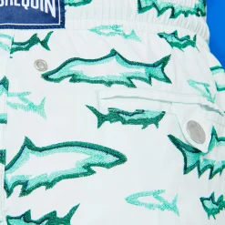 New Vilebrequin Men Embroidered Swim Trunks Requins 3D - Limited Edition Glacier/Blue