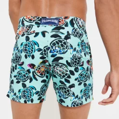 Clearance Vilebrequin Men Flat Belt Stretch Swim Trunks Screen Turtles Lagoon/Blue