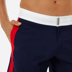 Best Vilebrequin Men Flat Belt Stretch Swim Trunk Tricolor Navy/Blue