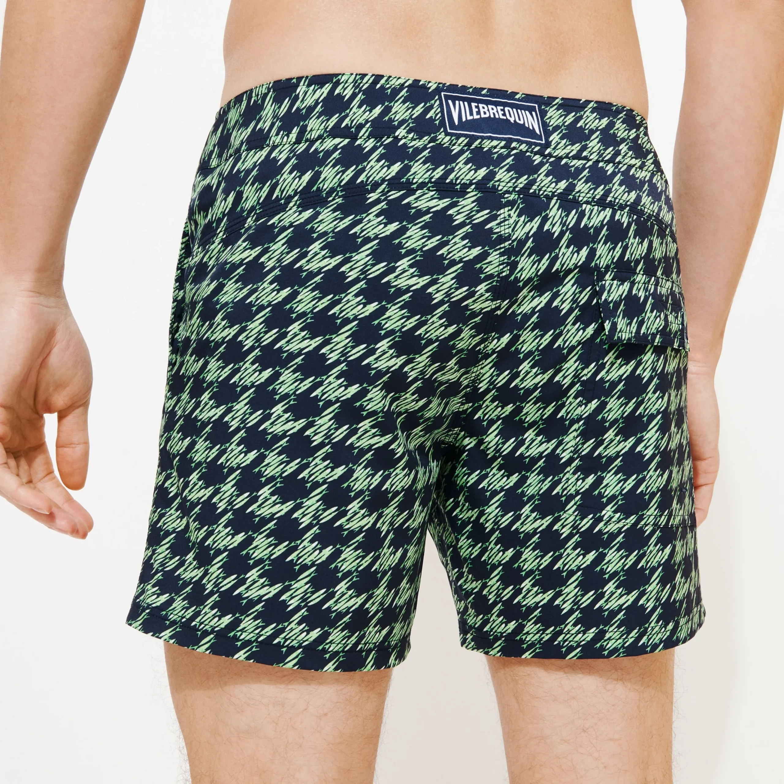 Shop Vilebrequin Men Flat Belt Stretch Swim Trunks Fish Foot Navy/Blue