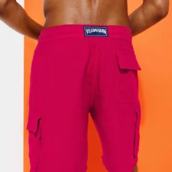 Sale Vilebrequin Men Linen Bermuda Shorts Cargo Pockets Burgundy/Red