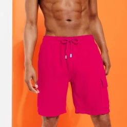 Sale Vilebrequin Men Linen Bermuda Shorts Cargo Pockets Burgundy/Red