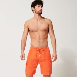 Shop Vilebrequin Men Linen Bermuda Shorts Cargo Pockets Guava/Orange