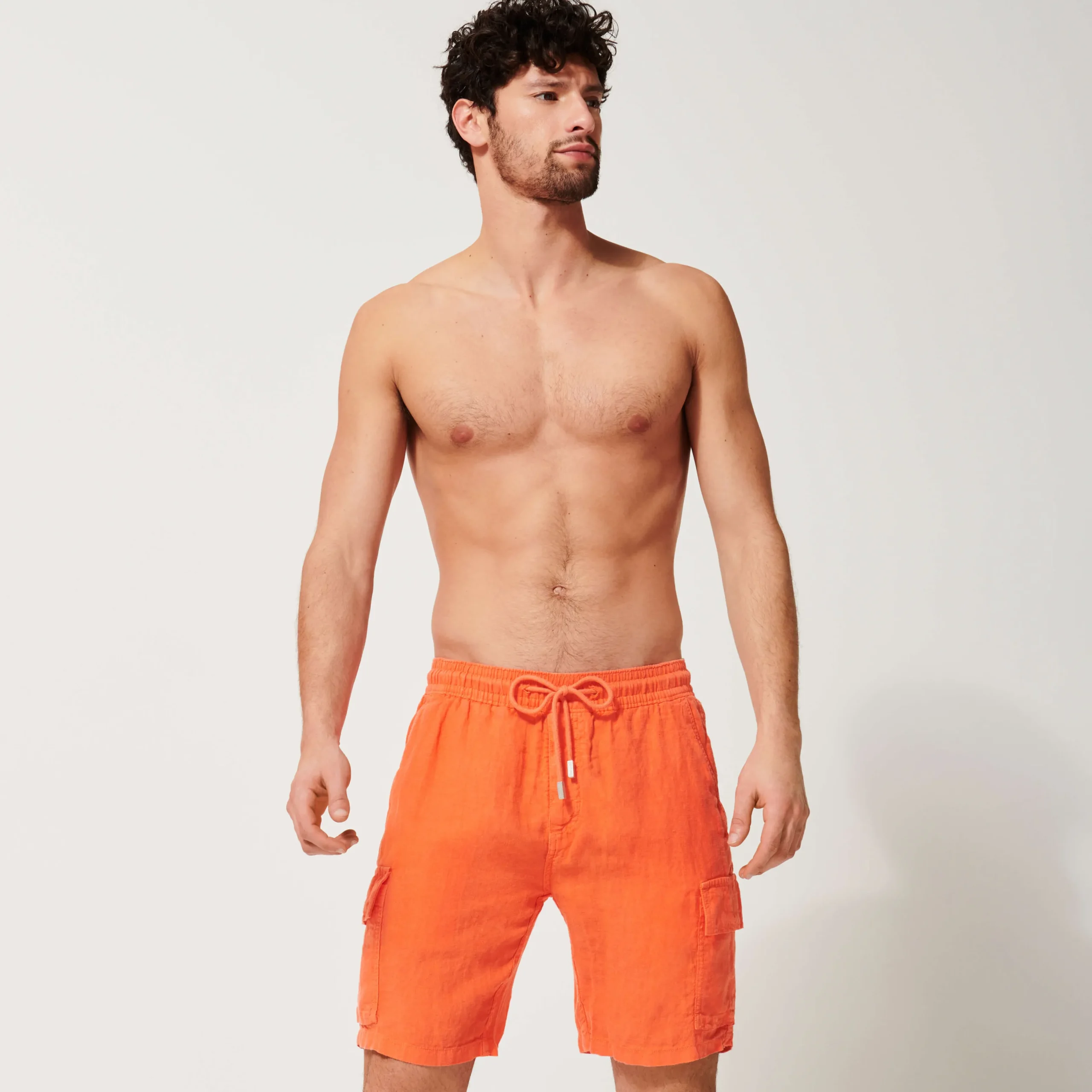 Shop Vilebrequin Men Linen Bermuda Shorts Cargo Pockets Guava/Orange