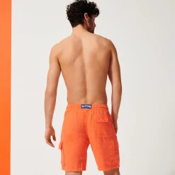 Shop Vilebrequin Men Linen Bermuda Shorts Cargo Pockets Guava/Orange