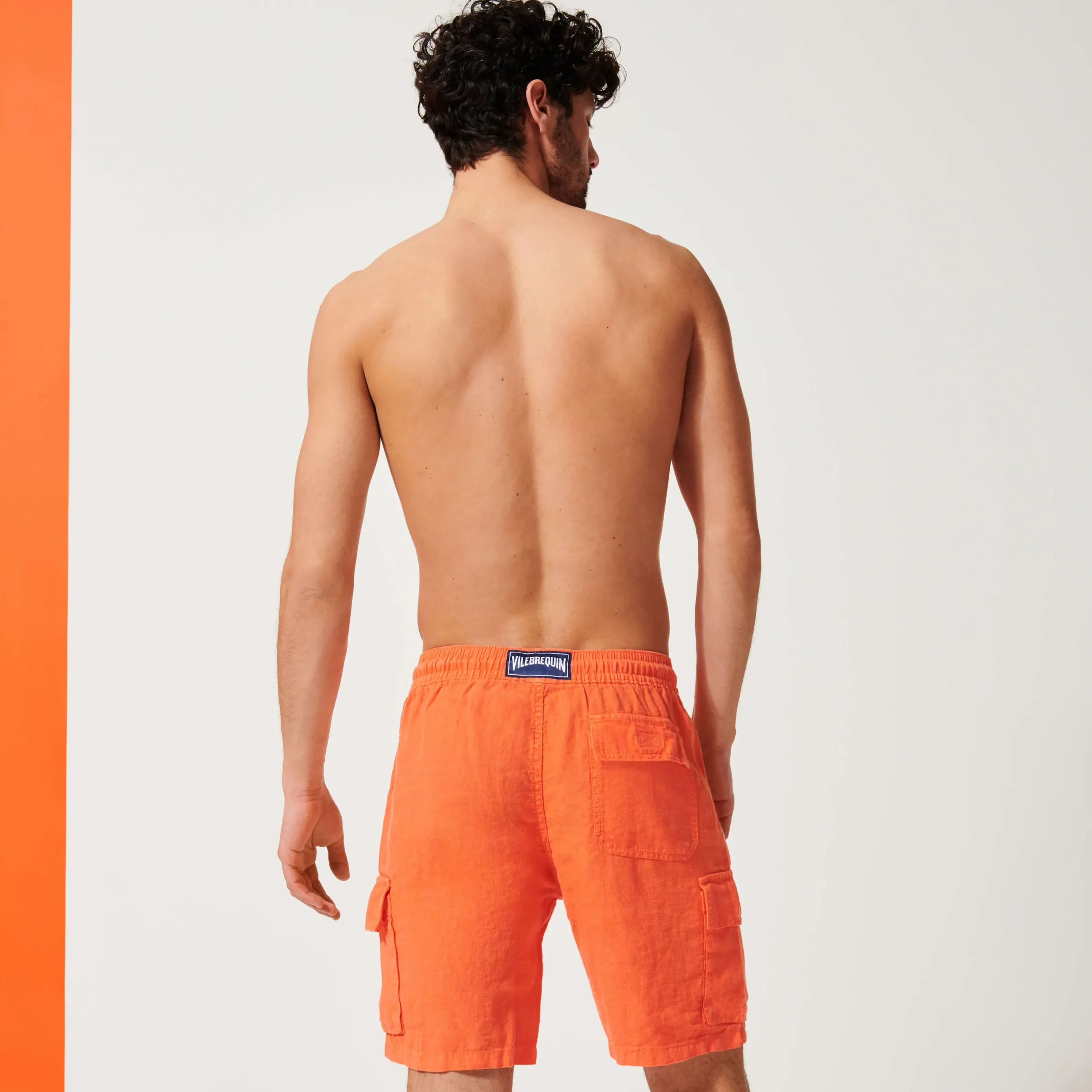 Shop Vilebrequin Men Linen Bermuda Shorts Cargo Pockets Guava/Orange