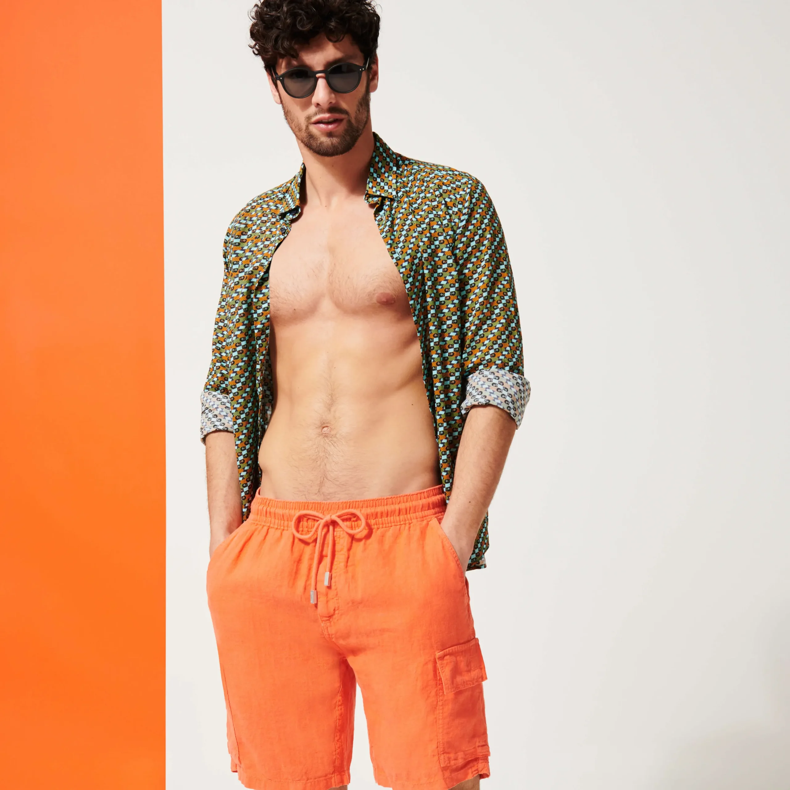 Shop Vilebrequin Men Linen Bermuda Shorts Cargo Pockets Guava/Orange