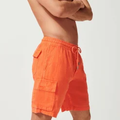 Shop Vilebrequin Men Linen Bermuda Shorts Cargo Pockets Guava/Orange
