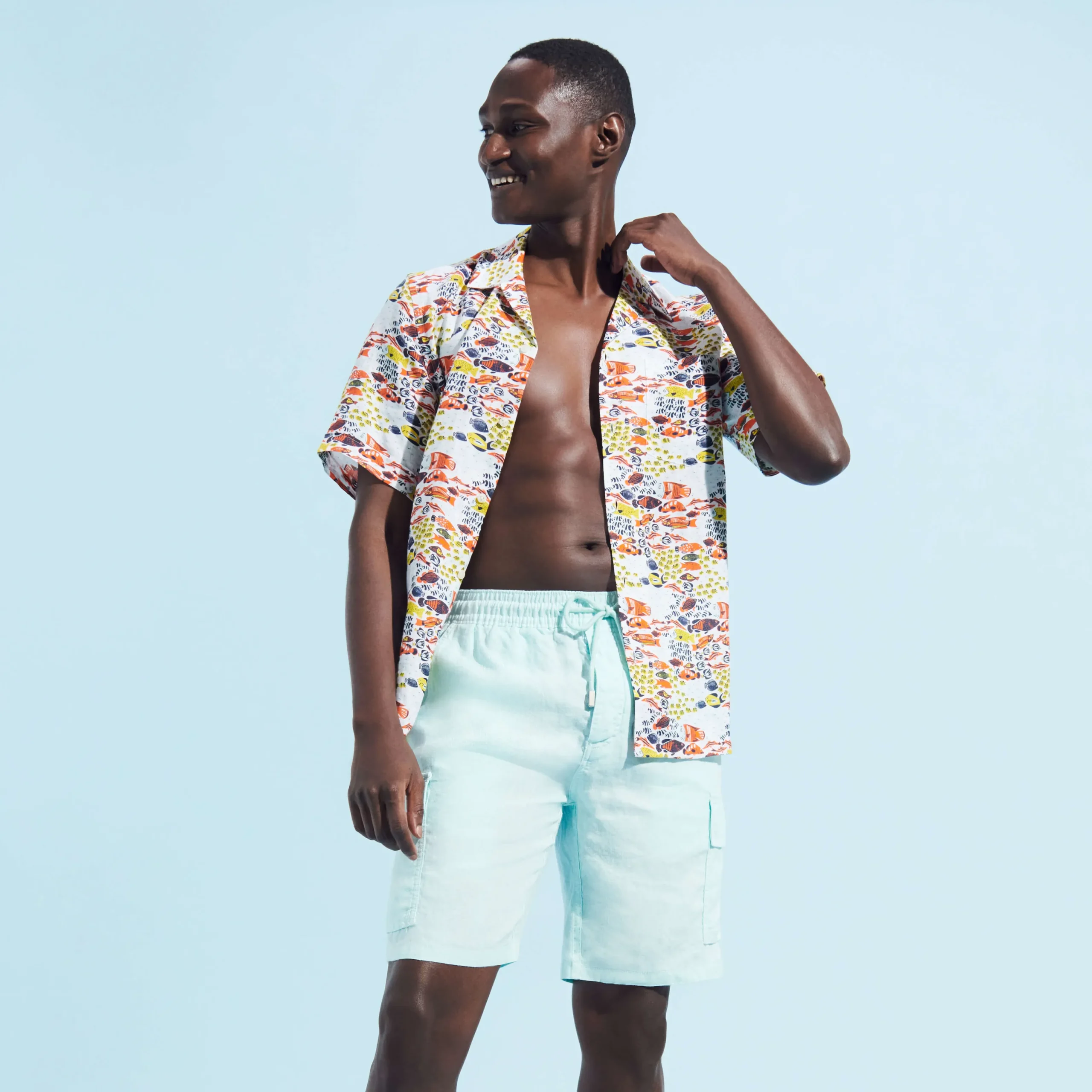 Online Vilebrequin Men Linen Bermuda Shorts Cargo Pockets Thalassa/Blue