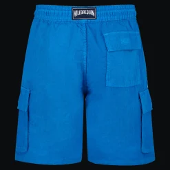 Store Vilebrequin Men Linen Bermuda Shorts Cargo Pockets Earthenware/Blue