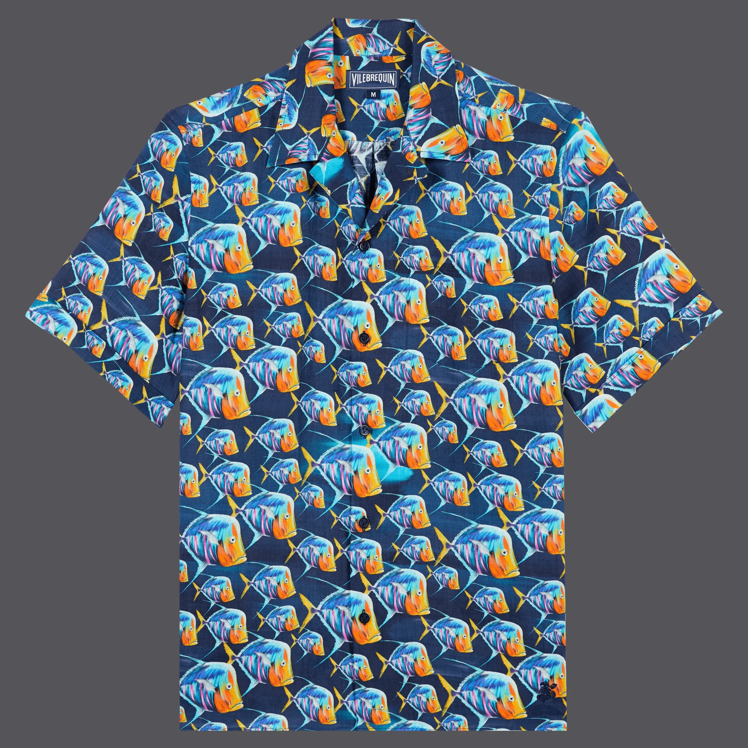 Store Vilebrequin Men Linen Bowling Shirt Piranhas Navy/Blue
