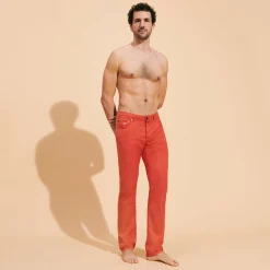 Best Sale Vilebrequin Men Linen Jeans Drill 5-Pockets Solid Tomato/Red