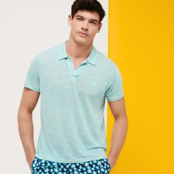 Sale Vilebrequin Men Linen Jersey Polo Shirt Solid Lazuli Blue Heather/Blue