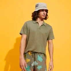 Shop Vilebrequin Men Linen Jersey Polo Shirt Solid Olivier/Green