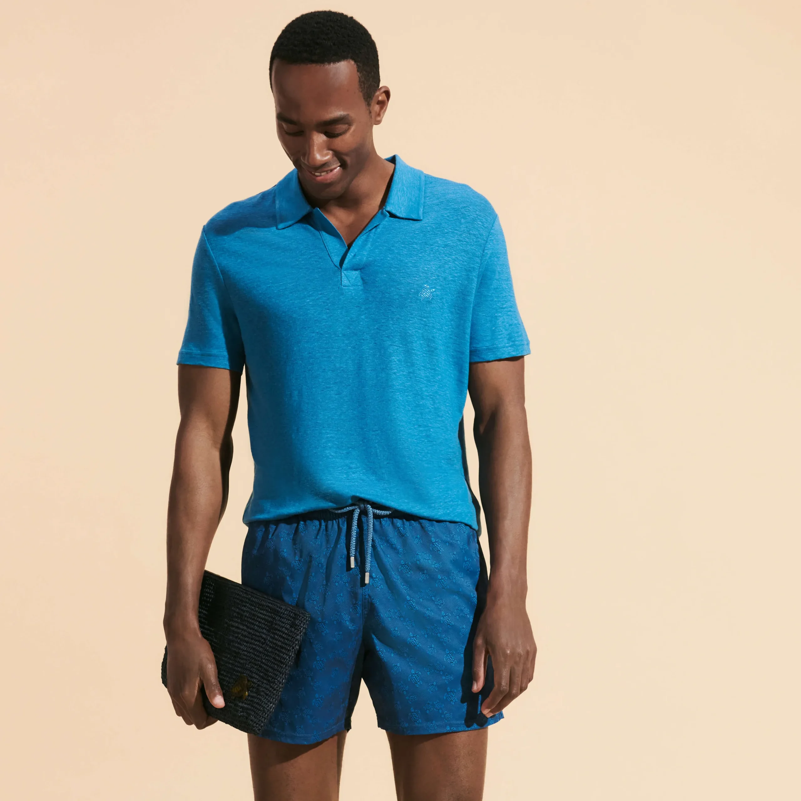 Best Vilebrequin Men Linen Jersey Polo Shirt Solid Calanque/Blue