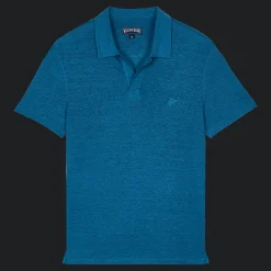 Best Vilebrequin Men Linen Jersey Polo Shirt Solid Calanque/Blue
