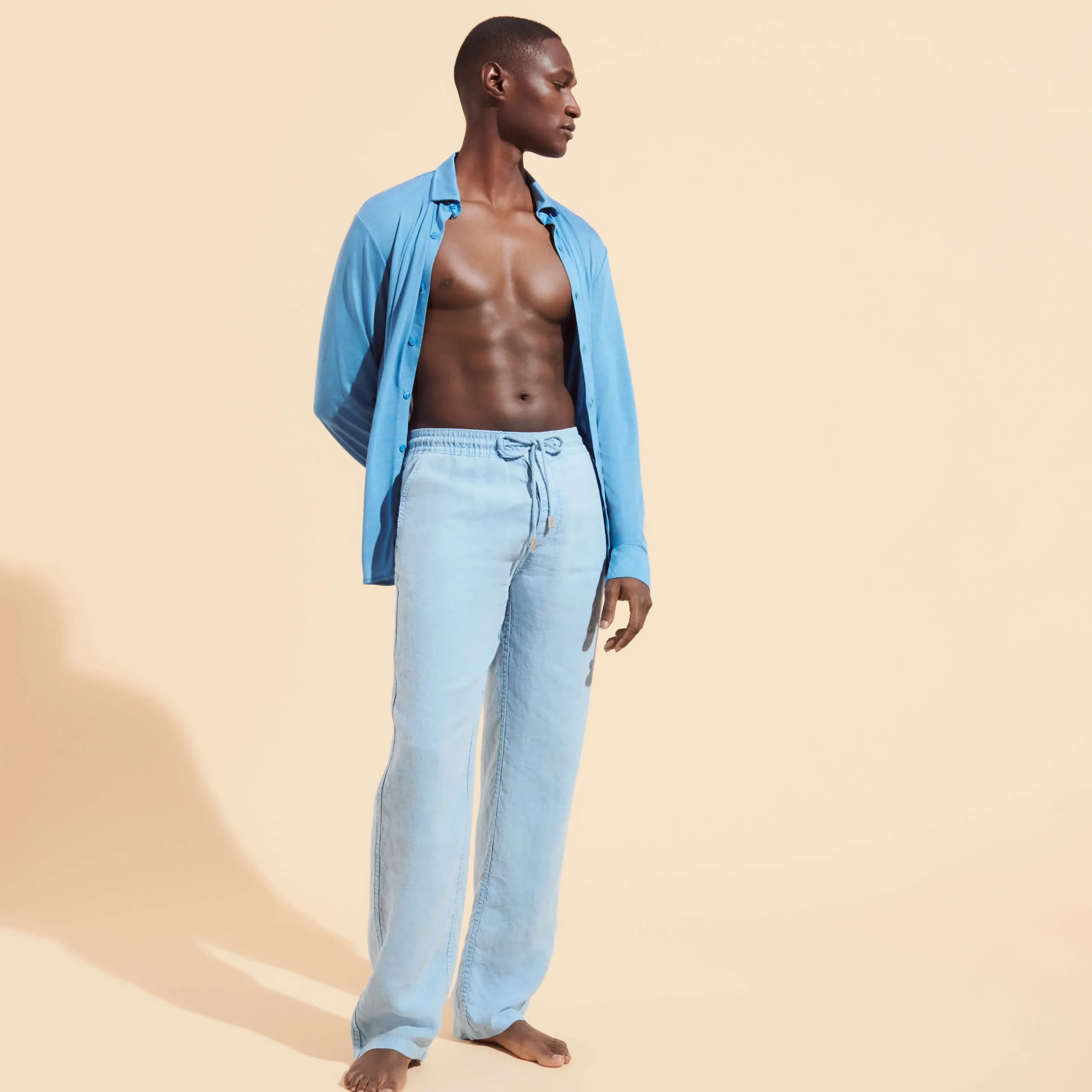 Hot Vilebrequin Men Linen Pants Solid Mineral Dye Source/Blue