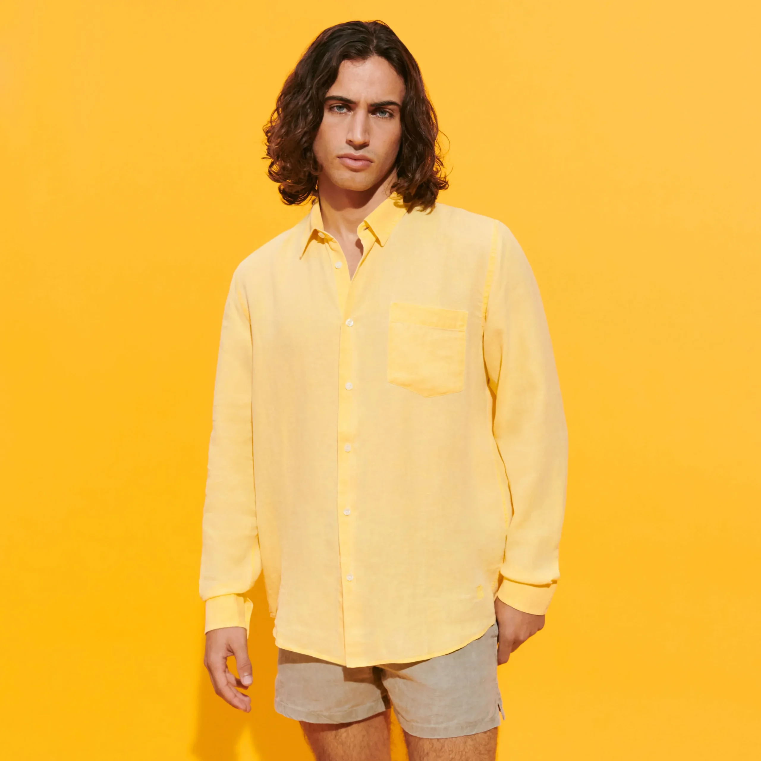 Outlet Vilebrequin Men Linen Shirt Solid Genet/Yellow