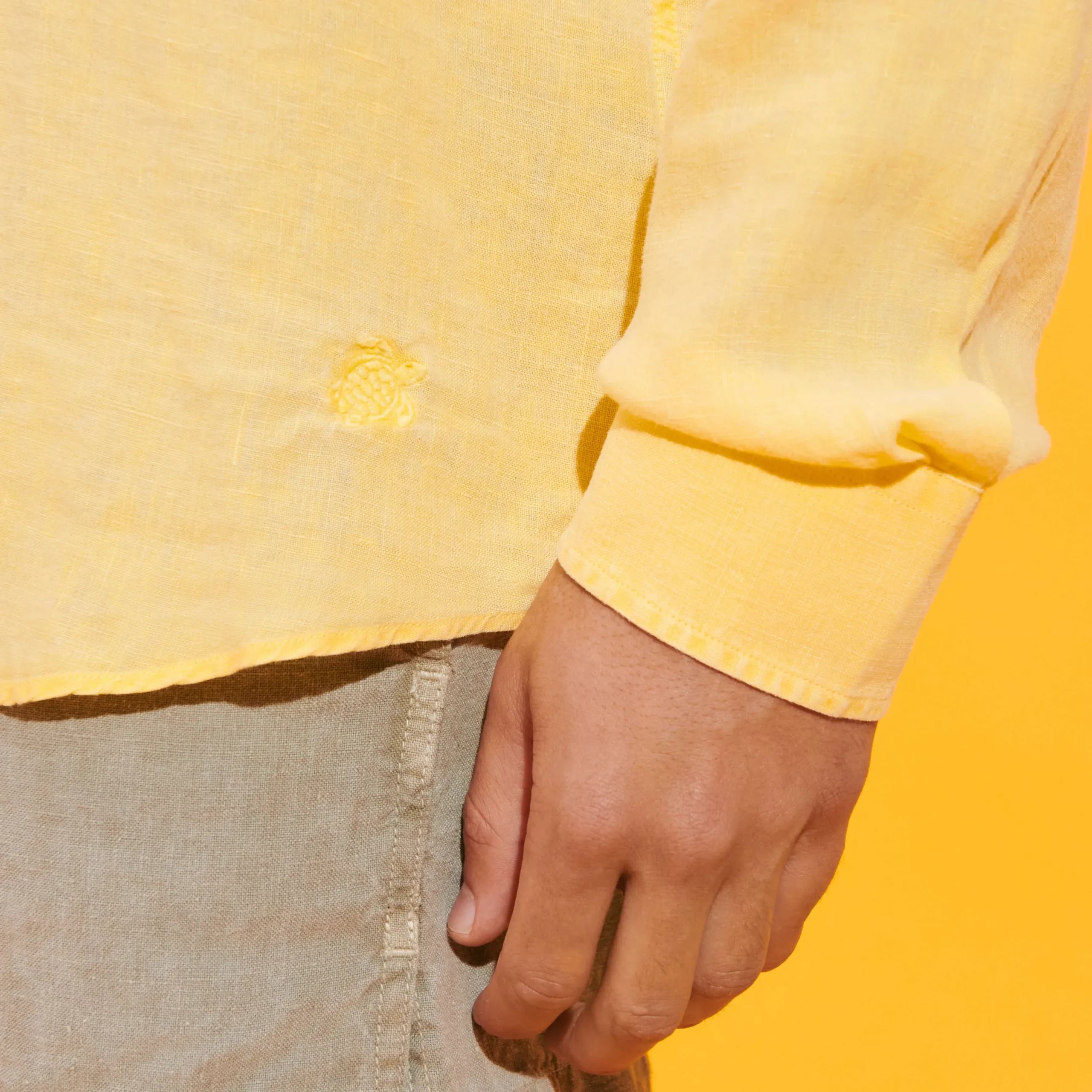 Outlet Vilebrequin Men Linen Shirt Solid Genet/Yellow