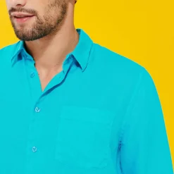 Best Vilebrequin Men Linen Shirt Solid Curacao/Blue